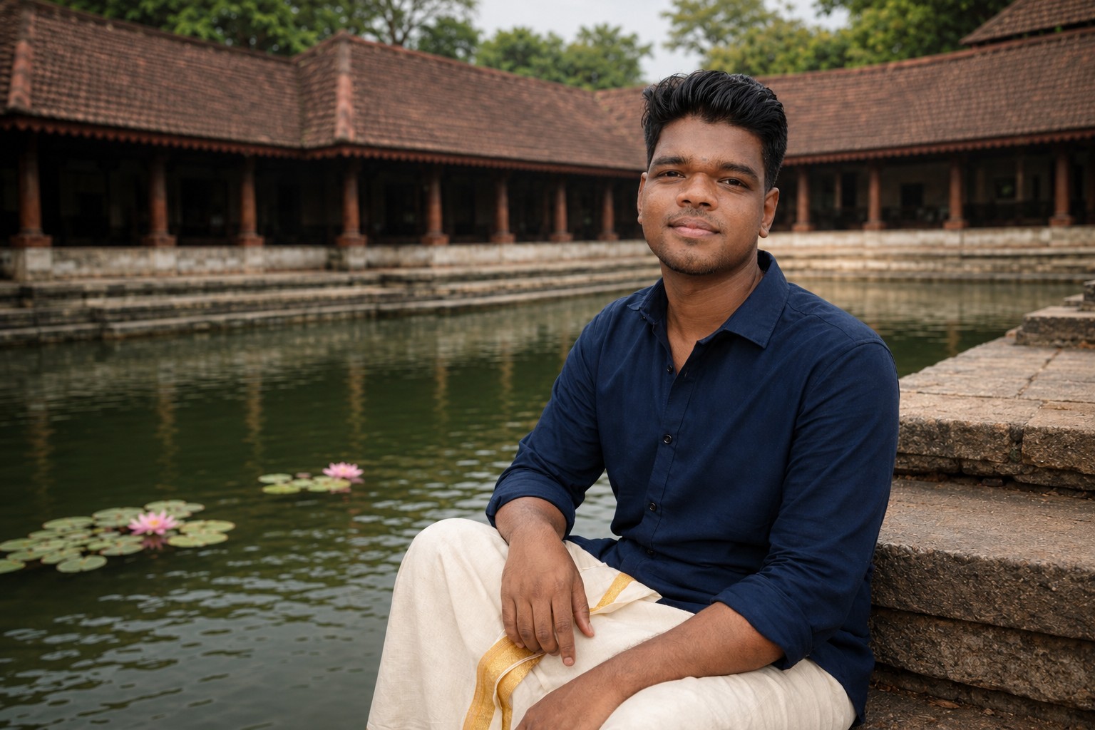 Nandakumar M sitting near a pond in traditional architecture surroundings